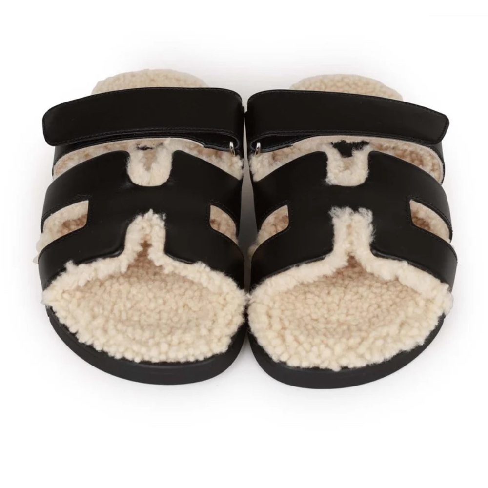 HERMES BLACK SHEARLING CHYPRE WOMENS SANDALS 36 - Picture 6 of 7